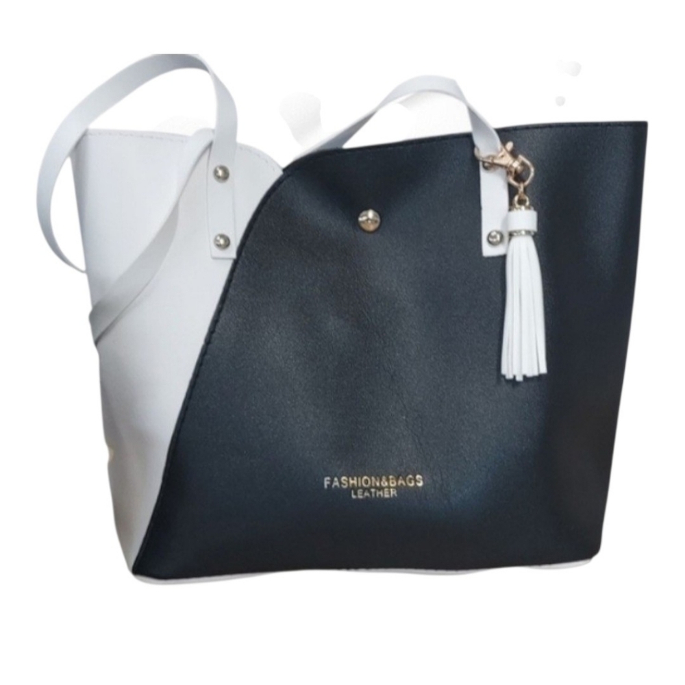 Tote Faux Leather Black and White Purse With White Tassel NWT